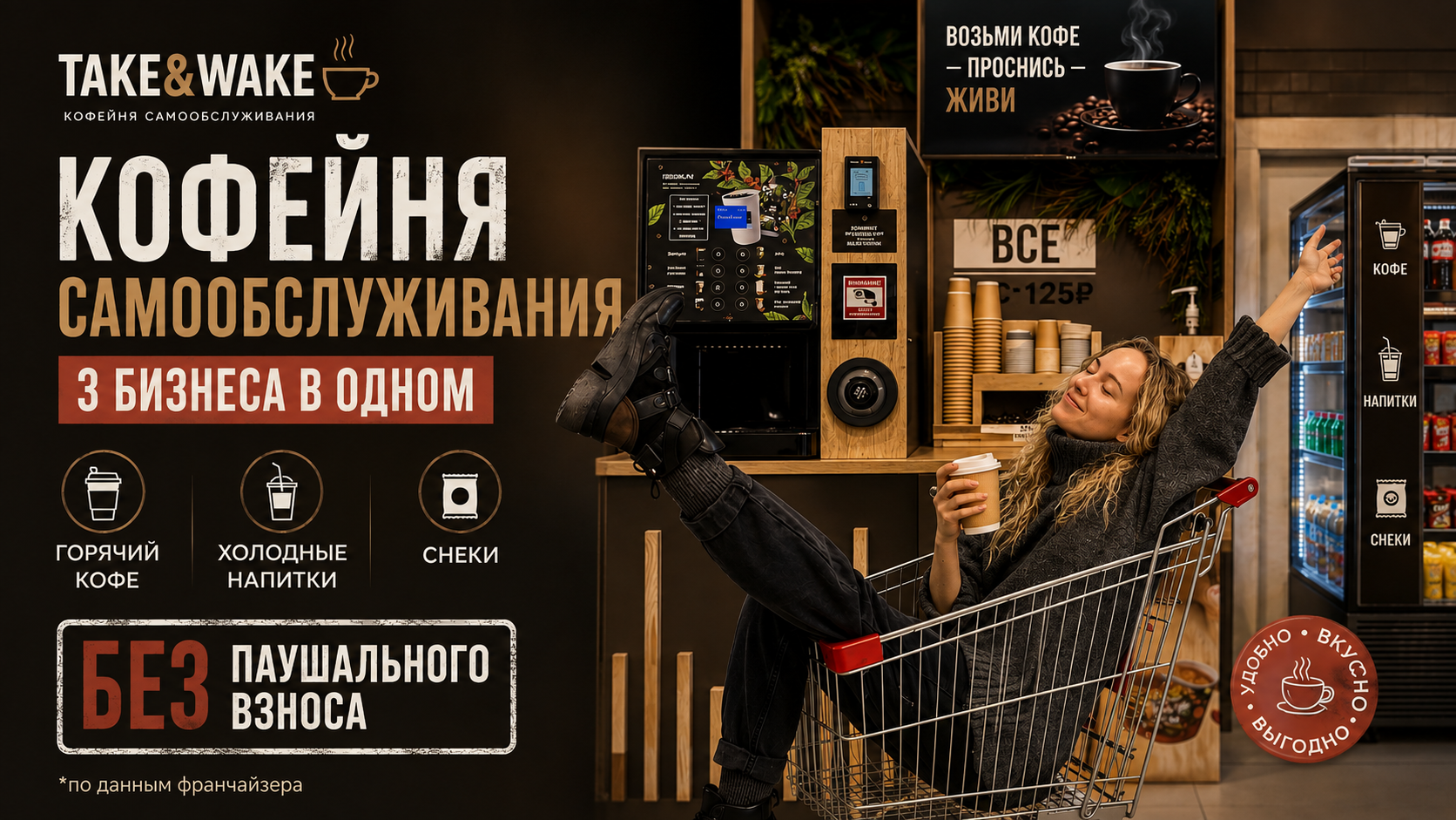 <a href="#form">0 ₽ паушального взноса и роялти, запуск от 30 дней и до 4 часов в неделю на управление</a> — кофейня самообслуживания Take&Wake без затрат на персонал