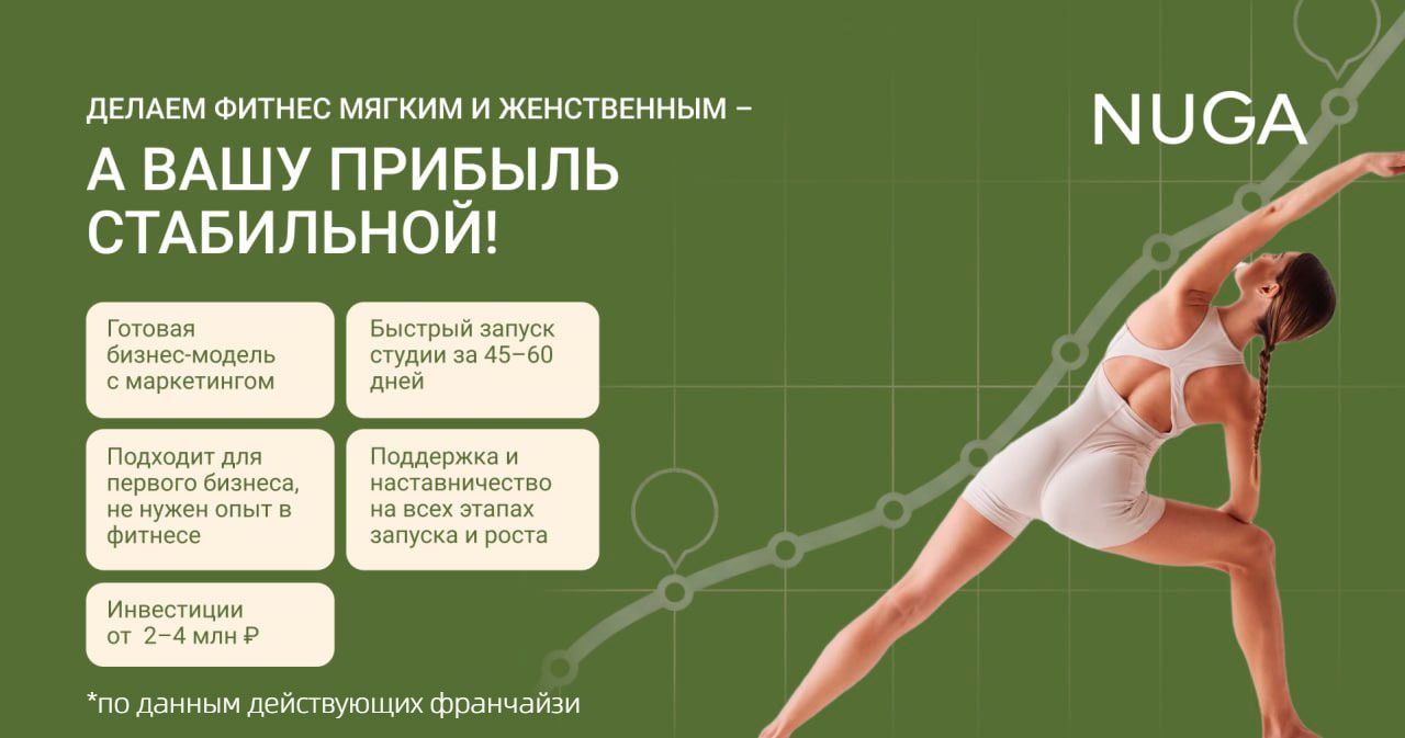 Женщины ищут формат спорта без перегрузок — вы открываете студию растяжки «NUGA stretching» и <a href="#form">получайте доход от 200 000 ₽ на готовой модели с запуском от 2 месяцев</a>