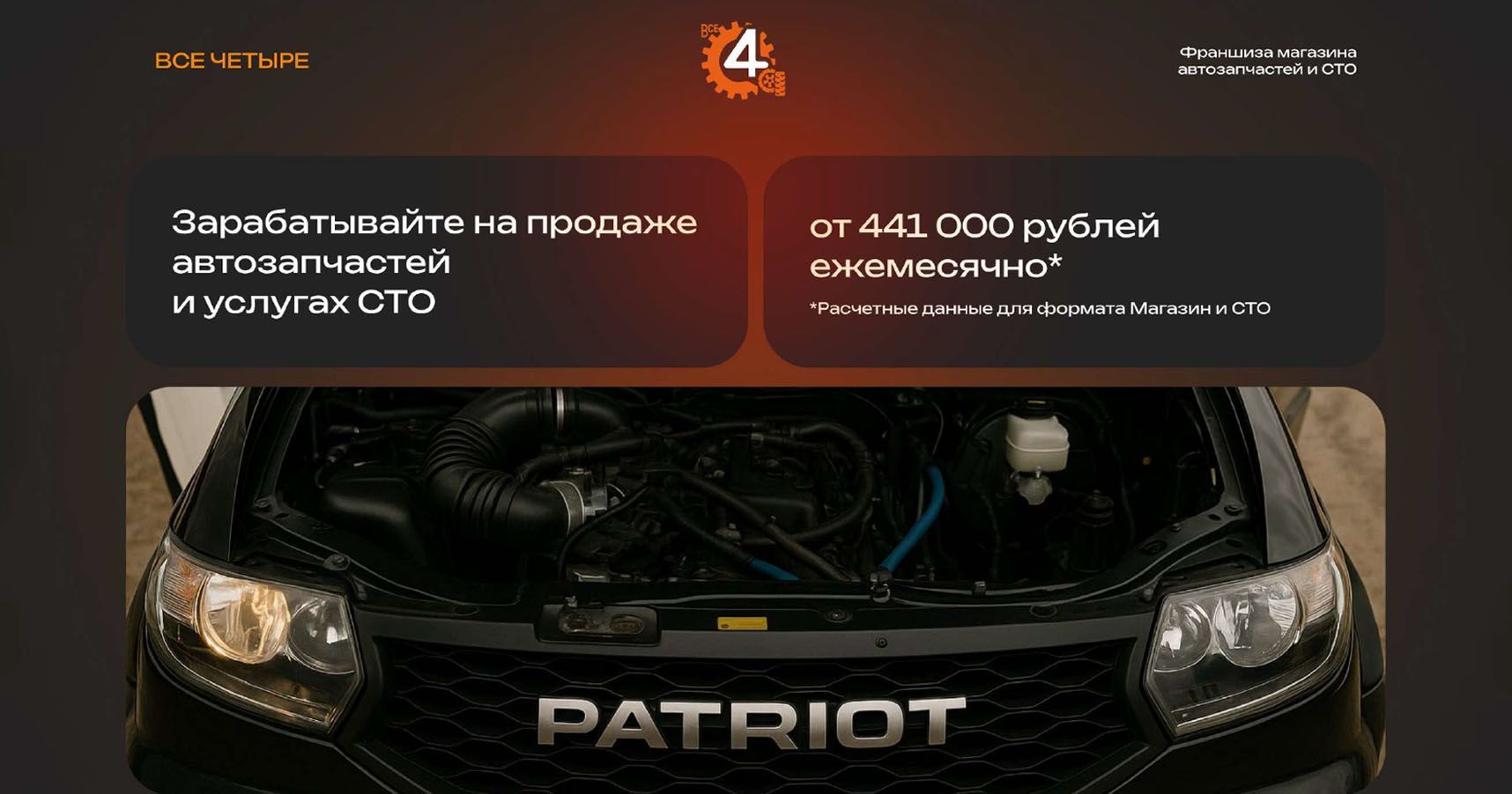 Франшиза «ВСЕ ЧЕТЫРЕ» — магазин запасных частей к автомобилям УАЗ, ГАЗ + сервисное обслуживание (СТО)