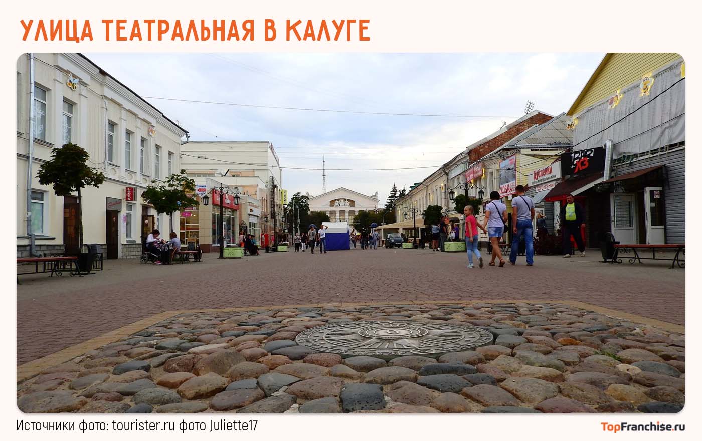 Улица в Калуге с малыми магазинами, салонами и кофейней