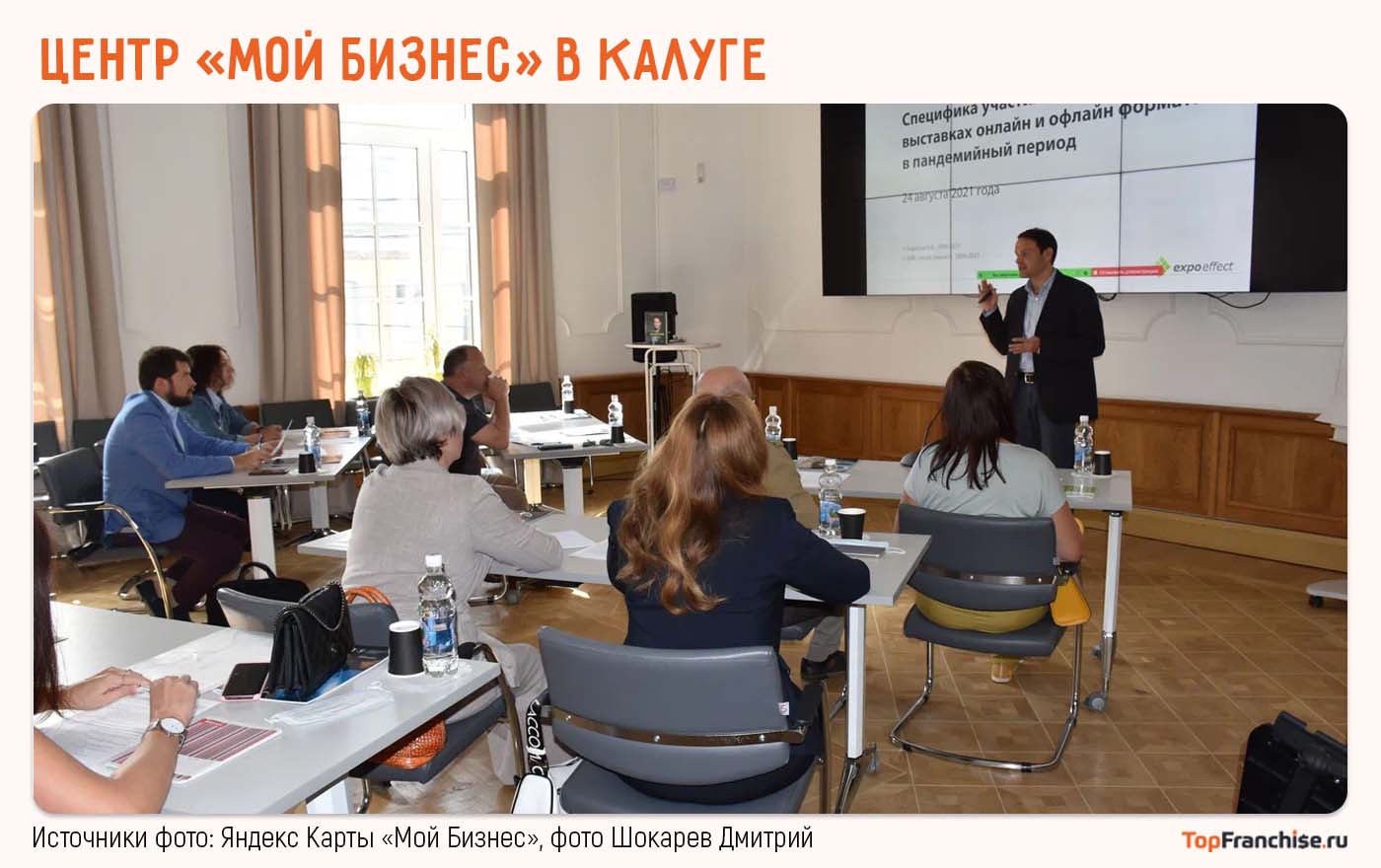 Центр «Мой бизнес» в Калуге — здание с вывеской и посетителями