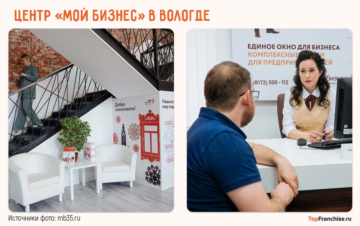 Центр «Мой бизнес» в Вологде — здание с вывеской и посетителями