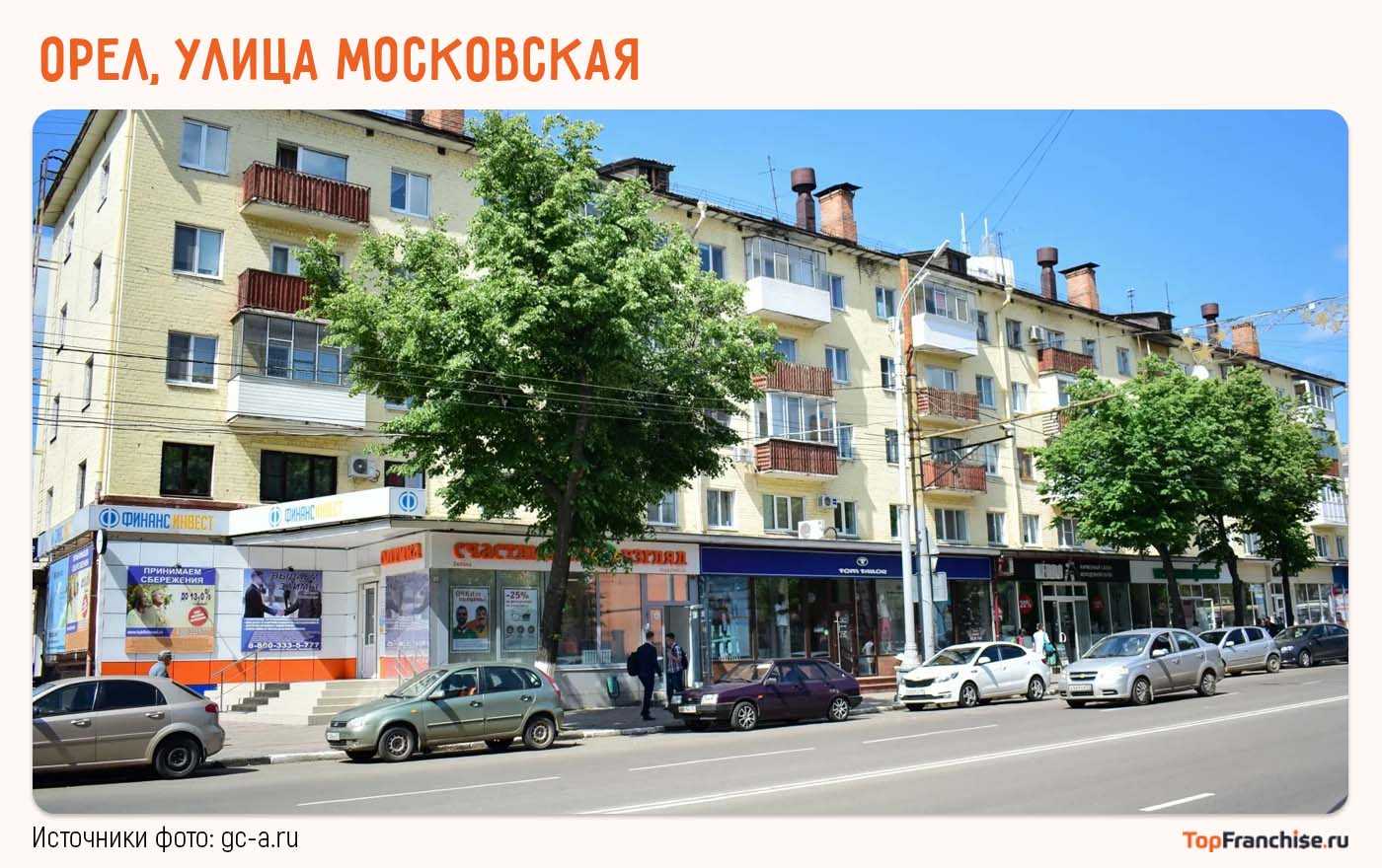 Улица в Орле с малыми магазинами, салонами и кофейней