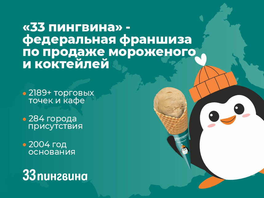 Франшиза по продаже мороженого и коктейлей «33 пингвина»