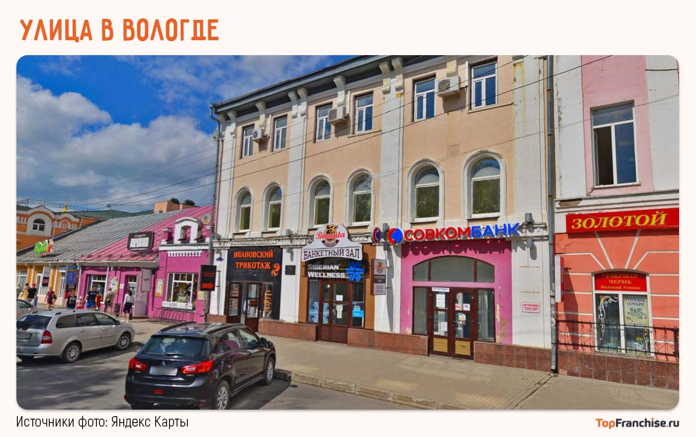 Улица в Вологде с малыми магазинами, салонами и кофейней